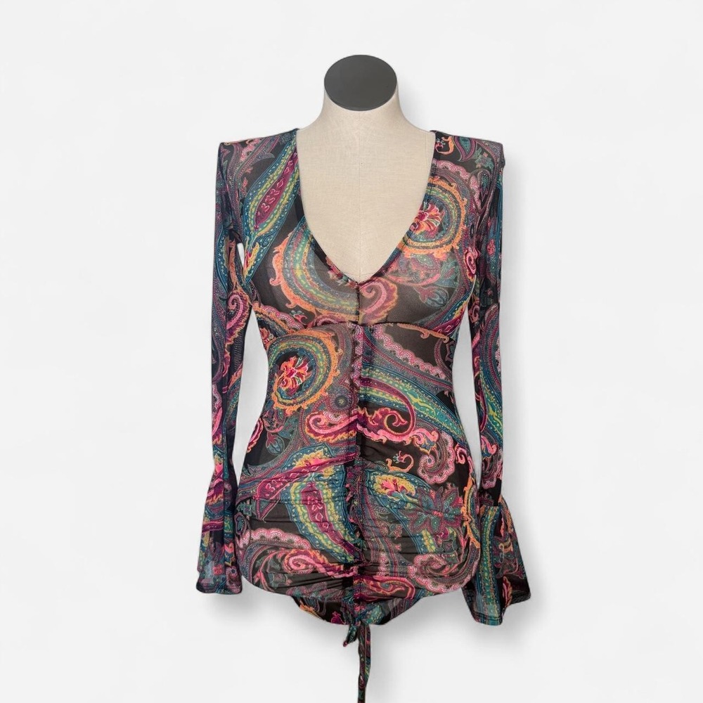 Black Multicoloured paisley print ruched mesh dress swimsuit cover up